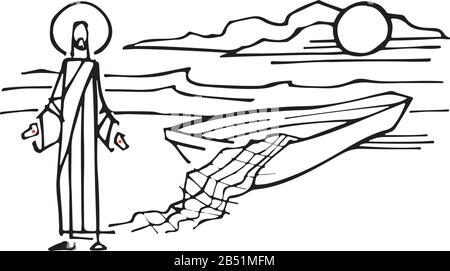 Illustrazione vettoriale disegnata a mano o disegno di Gesù Cristo con barca e reti da pesca Illustrazione Vettoriale