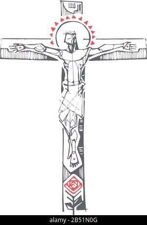 Disegnata a mano illustrazione vettoriale o di disegno di Gesù Cristo in Croce Illustrazione Vettoriale