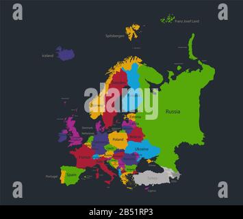 Infografiche mappa Europa, colori di disegno piatto, con nomi di singoli stati, sfondo blu vuoto Foto Stock