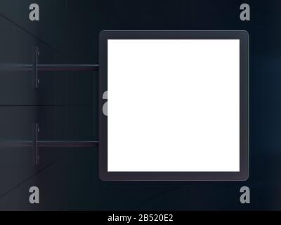 Bianco, bianco piazza segno negozio appeso su un muro nero. Rendering 3D Foto Stock
