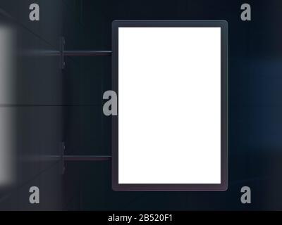 Bianco, rettangolare negozio segno appeso su una parete nera. Rendering 3D Foto Stock