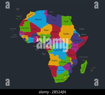 Infografiche Africa map, flat design colors, con nomi di singoli stati e isole, sfondo blu con punti arancio vuoto Foto Stock