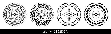 Set di quattro astratta ornamenti circolare. Motivi decorativi isolati su sfondo bianco. Tribali motivi etnici. Fiori stilizzati. Tatuaggio Stencil. Illustrazione Vettoriale