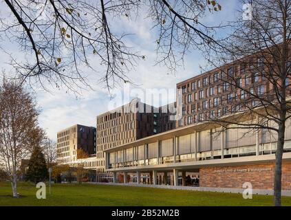 Vista obliqua di un padiglione già esistente e di un nuovo edificio. Scuola di finanza e gestione di Francoforte, Francoforte sul principale, Germania. Architetto: Hennin Foto Stock