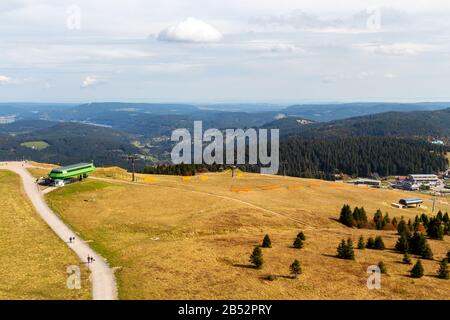 Vista panoramica dalla torre Feldberg nel paesaggio della Foresta Nera, Germania in autunno con alberi multicolore Foto Stock