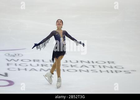 Alysa LIU dagli Stati Uniti, durante il programma Ladies Free ai campionati ISU World Junior Figure Skating 2020 presso la Tondiraba Ice Hall, il 07 marzo 2020 a Tallinn, Estonia. Credit: Raniero Corbelletti/Aflo/Alamy Live News Foto Stock