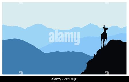 Un camoscio si erge sulla cima di una collina con le montagne sullo sfondo. Silhouette nera con sfondo blu. Illustrazione. Foto Stock