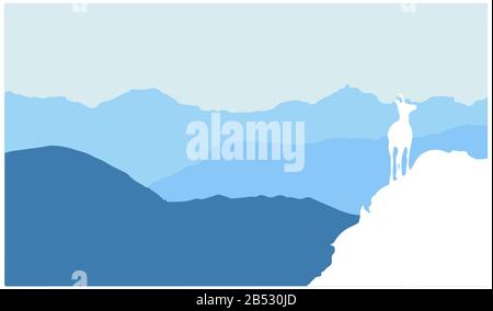 Un camosci si erge sulla cima di una collina con montagne sullo sfondo. Silhouette bianca con sfondo blu. Illustrazione. Foto Stock