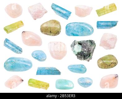 Set di varie gemme Beryl (Morganite, Vorobyevite, Aquamarine, Eliodoro, ecc) isolato su sfondo bianco Foto Stock