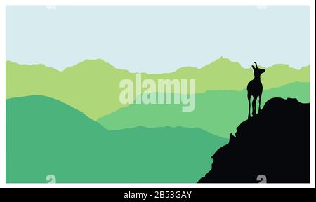 Un camoscio si erge sulla cima di una collina con le montagne sullo sfondo. Silhouette nera con sfondo verde. Illustrazione. Foto Stock