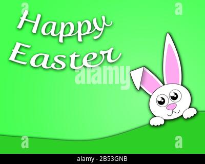 Banner di Pasqua. Coniglio bianco di Pasqua coniglietto con grandi occhi e orecchie curvate che pepeking fuori dall'erba su uno sfondo verde gradiente con le parole Felice Easte Foto Stock