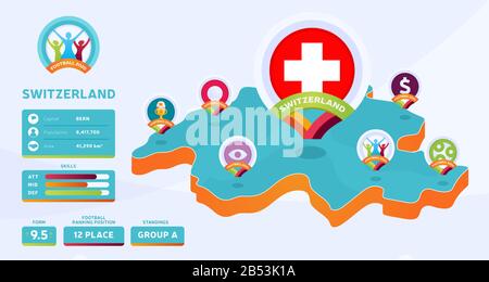 Mappa isometrica del vettore nazionale svizzero. Infografica sulla fase finale del torneo di calcio 2020 e informazioni sul paese. Campionato ufficiale col Illustrazione Vettoriale