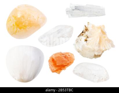 Set di varie rocce Di Zeolite (Chabazite, Natrolite, Scolecite, Stilbite, Thomsonite) isolate su sfondo bianco Foto Stock