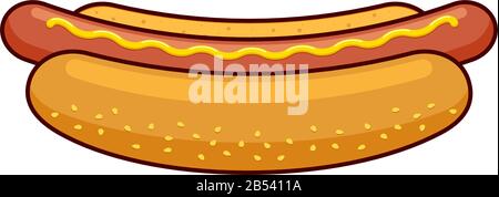 Cartone animato fast food hotdog con bordo lineare nero. Hot dog salsiccia in panino con senape isolato piatto vettore illustrazione Illustrazione Vettoriale