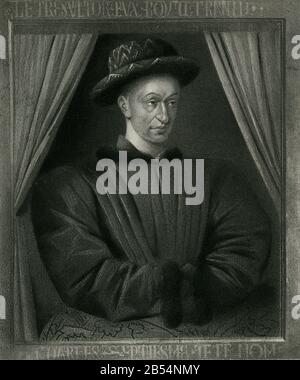 Questo dipinto di Carlo VII (1403-1461) risale al periodo di tempo ma non accredita alcun artista. E 'appeso al Louvre. Giovanna d'Arco e altre figure carismatiche guidarono le truppe francesi a sollevare l'assedio di Orleans e a schiacciare gli inglesi nella battaglia di Patay. Con le truppe inglesi locali disperse, la gente di Reims ha cambiato fedeltà e aperto le loro porte, consentendo l'incoronazione di Carlo VII nel 1429 alla Cattedrale di Reims. Foto Stock