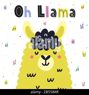 OH Llama carta carina in stile scandinavo con scritte a mano Illustrazione Vettoriale