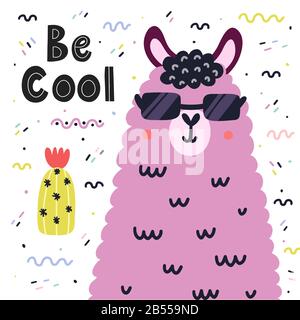 Sia carta fredda con un llama cute negli occhiali da sole. Stampa scandinava con alpaca Illustrazione Vettoriale