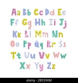 Alfabeto colorato disegnato a mano con lettere minuscole e maiuscole Illustrazione Vettoriale