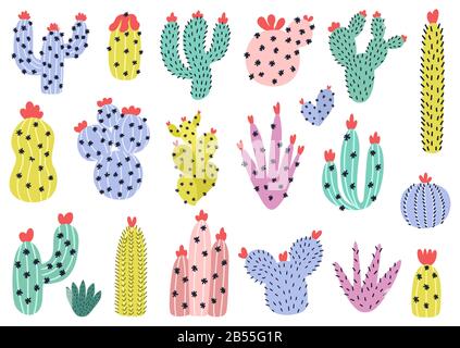 Set di cactuses disegnati a mano. Graziosa collezione di cactus in stile scandinavo Illustrazione Vettoriale