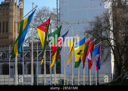 Londra, Regno Unito. 06th Mar, 2020. Le bandiere dei paesi del Commonwealth si scagliano nella Piazza del Parlamento di Londra prima della celebrazione della Giornata del Commonwealth di lunedì 9 marzo 2020. Credit: Sopa Images Limited/Alamy Live News Foto Stock