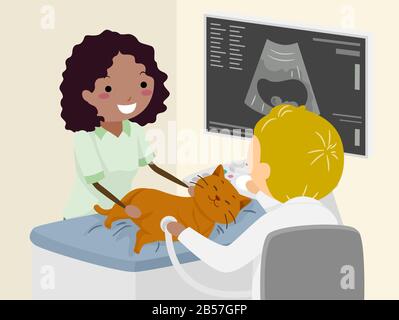 Illustrazione di Stickman Woman e di un Uomo Veterinario Che Effettua lo screening ecografico del Kitten All'Interno Del suo gatto animale domestico Foto Stock