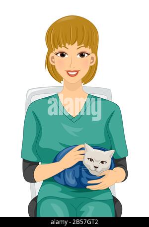 Illustrazione di un Veterinario ragazza Che Indossa Scrub Seduto su una sedia che tiene un gatto Avvolto con Coperta Foto Stock