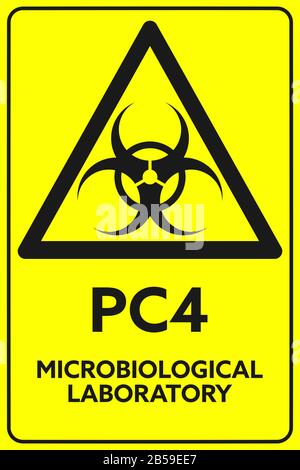 Laboratorio Microbiologico PC4. Cartello Di Sicurezza Giallo. Simbolo di rischio biologico. Stile piatto. Illustrazione Vettoriale