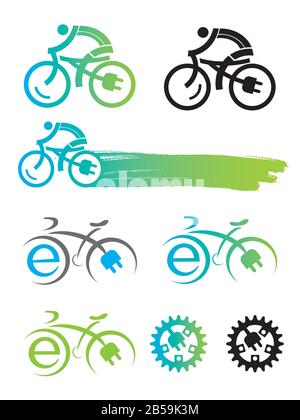 Icone dei simboli delle bici elettriche. Set di colorati simboli di bicicletta elettrica. Isolato su sfondo bianco. Vettore disponibile. Illustrazione Vettoriale