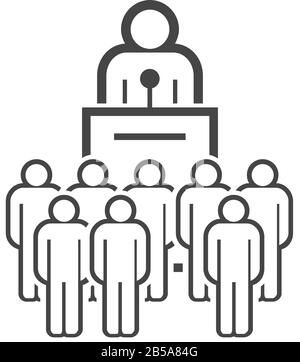 Oratore che parla da tribune. Relatore pubblico. Persone folla, elettori, pubblico. Icona della linea vettoriale isolata su sfondo bianco. Illustrazione Vettoriale