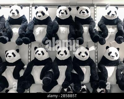 le bambole del panda appendono sulla parete per le vendite in capretto partono al departmentstore. Foto Stock