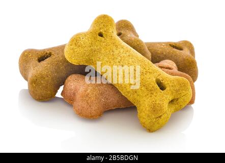 Piccole ossa per cane. Snack per cani. Foodie Puppies Sapore Di Biscotti A Forma Di Osso Per Cani. Isolato su sfondo bianco con riflessione dell'ombra. Con clippin Foto Stock