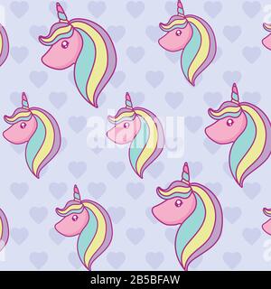 kawaii unicorni testa sfondo, design colorato, illustrazione vettoriale Illustrazione Vettoriale