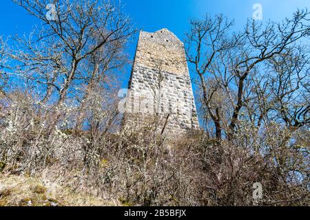 Escursione primaverile nella splendida valle del Danubio, lungo le rovine del castello di Kallenberg, fino al castello di Bronnen, vicino a Fridingen, sul Danubio Foto Stock