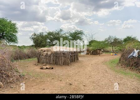 Case Maasai tradizionali costruite da rami, fango e letame di vacca, Kenya Foto Stock