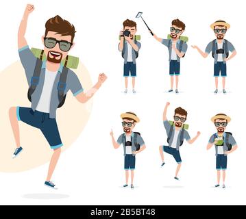 Set di vettori di caratteri di viaggio maschili. Uomo viaggiatore turistico personaggio in Happy jumping e posa in piedi per l'avventura estiva isolato in bianco. Illustrazione Vettoriale