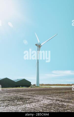 Enorme mulino a vento accanto al capannone di una fattoria nel Kop van Noord-Holland nei Paesi Bassi Foto Stock
