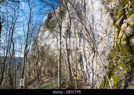 Escursione primaverile nella splendida valle del Danubio, lungo le rovine del castello di Kallenberg, fino al castello di Bronnen, vicino a Fridingen, sul Danubio Foto Stock