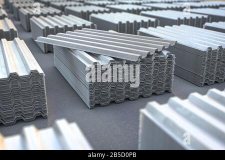 Pile di lamiere metalliche ondulate, zinco d'acciaio o lamiere profilate a forma d'onda zincate per la costruzione di tetti. figura 3d Foto Stock