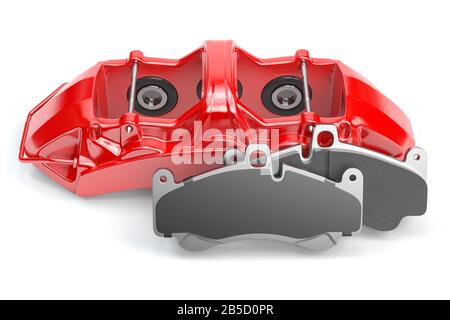 Freni per auto. Pinza e pastiglie rosse. Componenti dell'impianto frenante DSK. figura 3d Foto Stock