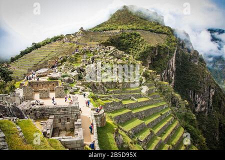 Ex terrazzamenti agricoli a Machu Picchu rovine, Perù. Sud America. Foto Stock