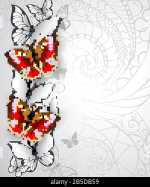 Design con realistico, texture pavone occhio farfalle e farfalle bianche su sfondo grigio testurizzato. Farfalla rossa. Illustrazione Vettoriale