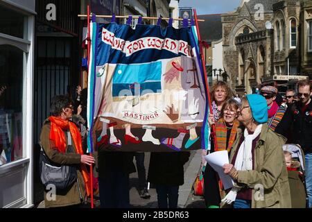 Hastings, East Sussex, Regno Unito. 08 Mar, 2020. Un gruppo di donne si incontrano nel centro di Hastings per celebrare la Giornata Internazionale della Donna. Il portavoce Ann Kramer ha dichiarato: "Il nostro tema per quest'anno sono le donne e l'ambiente. Questo evento è stato progettato per attirare l'attenzione sull'impatto che il cambiamento climatico sta avendo sulla nostra vita". L'evento inizia alle 12:00 e prosegue con le bancarelle e gli altoparlanti tra 1pm e 3pm. Photo Credit: Paul Lawrenson/Alamy Live News Foto Stock