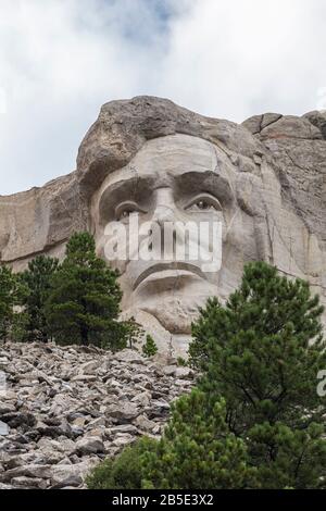 Il volto di Abraham Lincoln scolpito nella roccia a Mt. Rushmore Nel South Dakota. Foto Stock