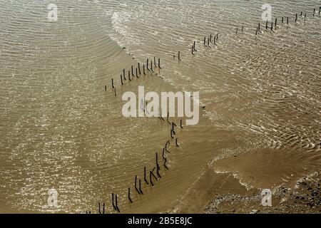 Una linea di pali di legno crea un modello astratto come curve attraverso increspature in acqua fangosa, estuario Severn, fiume Severn, Inghilterra, Regno Unito Foto Stock