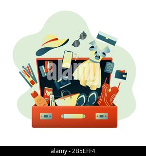 Raccolta di una valigia durante un viaggio: Vestiti, documenti, attrezzatura. Cose da viaggio. Pianificazione di una vacanza estiva, turismo. Colorata illustrazione alla moda. Piatto Illustrazione Vettoriale