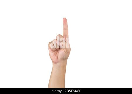 La mano asiatica mostra e conta 1 dito su sfondo bianco isolato con tracciato di ritaglio Foto Stock