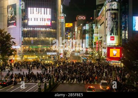 Fotografia notturna di un coronamento di pedoni che attraversa un incrocio a quattro vie zebra al passaggio Shibuya nel centro di Tokyo, Giappone Foto Stock