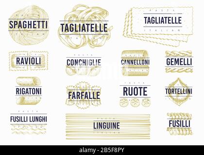 Set di etichette per pasta italiana. Illustrazione di alimenti vettoriali disegnati a mano. Stile inciso. Pasta retrò di diversi tipi. Illustrazione Vettoriale