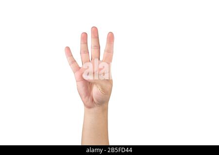 La mano asiatica mostra e conta 4 dita su sfondo bianco isolato con tracciato di ritaglio Foto Stock