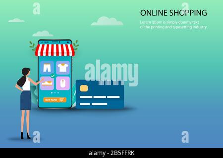 Concetto di shopping online, giovane donna è in piedi di fronte alla carta di credito e smartphone che il display contiene l'elenco di prodotti per trovare nuovo pantaloni. Illustrazione Vettoriale